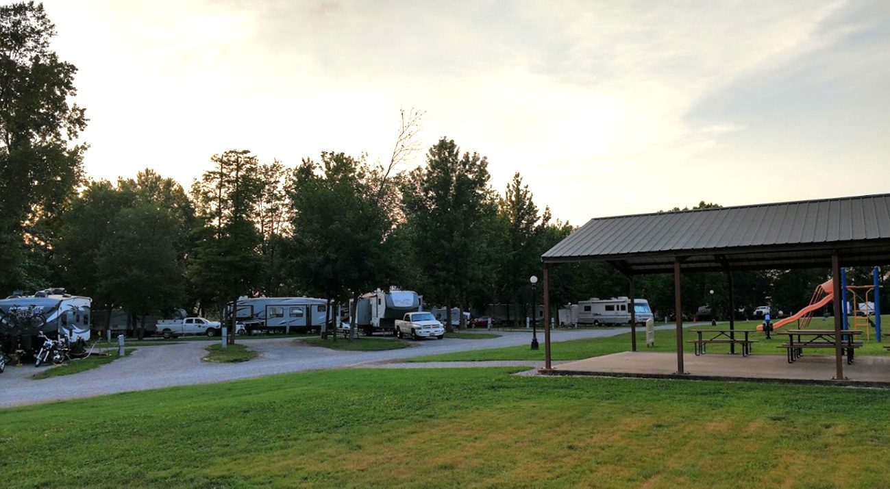 playground and pavilion at an rv campground