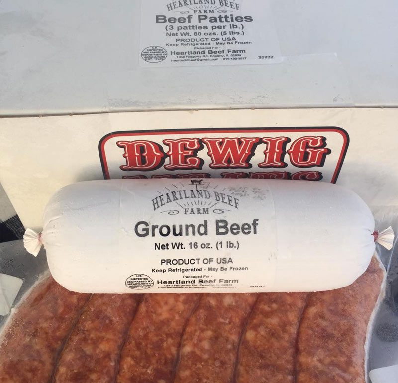 packaged local ground beef, sausage, and beef patties